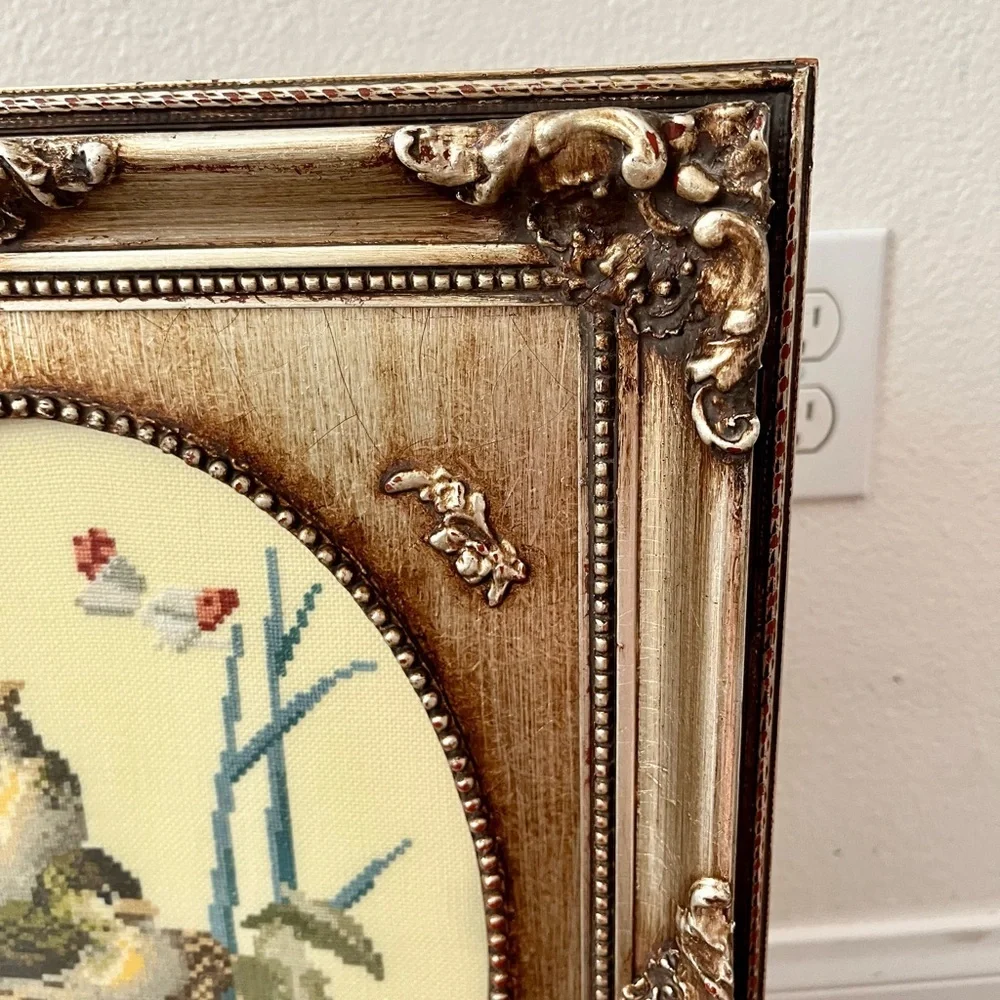 1977 Elegant Gold Framed Bird Embroidery Art 14/18 inch